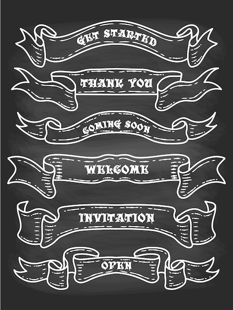 Vector set of old vintage ribbon banners and drawing in engraving style