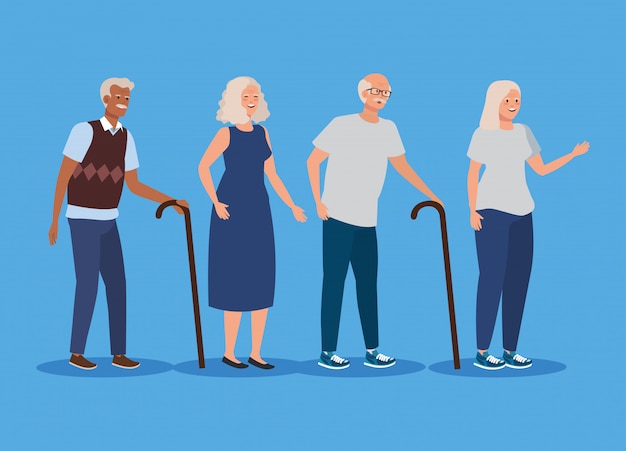 Vector set of old women and men with walking stick