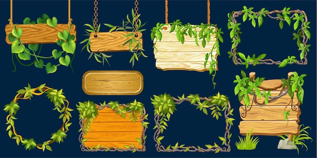 Vector set old wooden boards with leaves liana