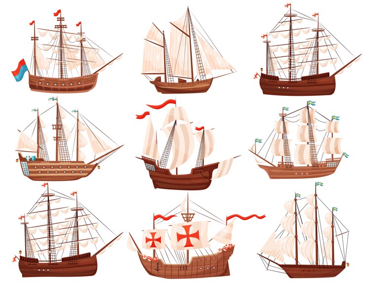 Vector   set of old wooden ships. large marine vessels with sails and flags. sea and ocean theme