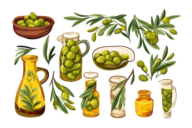 Set olive oil harvest and leaf Vector cartoon flat elements isolated on background