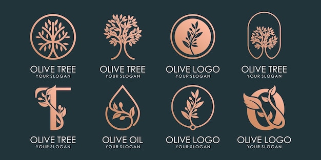 Set di logo e set di icone di oliva, olio e albero. modello di progettazione vettoriale. vettore premium