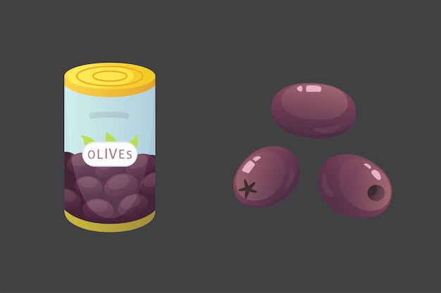 Impostare la frutta delle olive illustrazione vettoriale della bottiglia di oliva in stile cartone animato