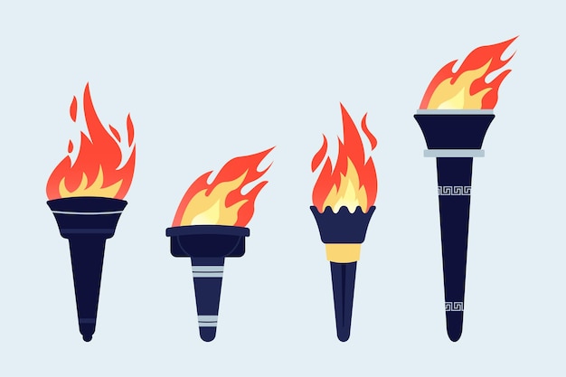 Vector set of olympus torch with fire flat style