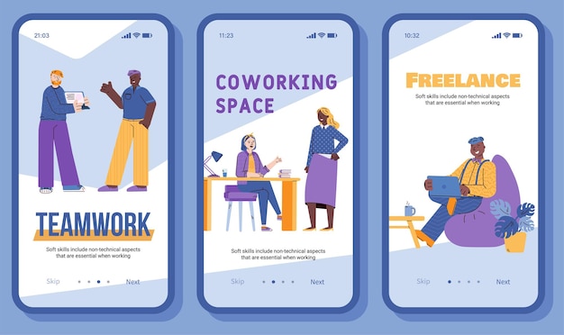 Insieme delle pagine di onboarding del lavoro di squadra e dell'illustrazione di vettore del fumetto di coworking