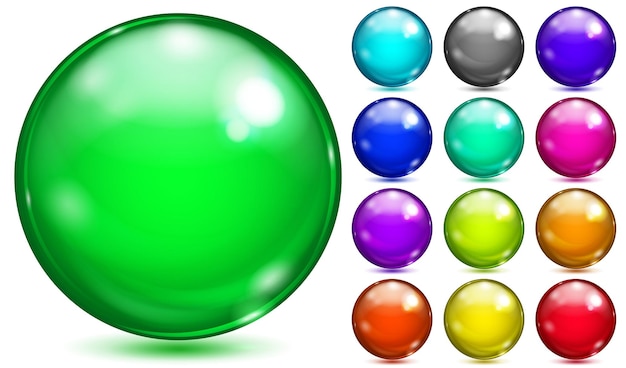 Set ondoorzichtige bollen van verschillende verzadigde kleuren met schitteringen en schaduwen