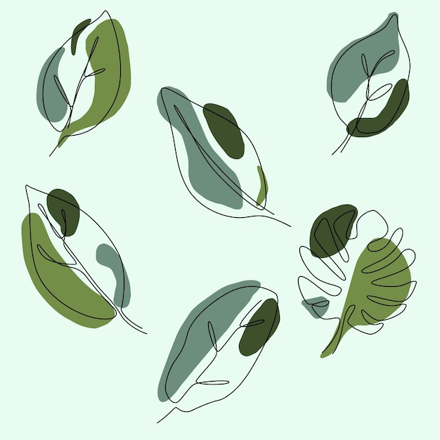 Vector set of one line continuous drawing tropical leaf summer botanical leaf