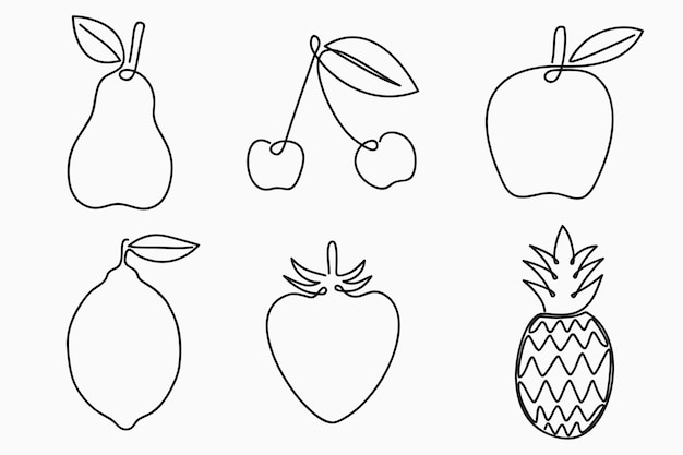 Vector set of one line drawing fruit continuous line fruit pear apple cherry lemon strawberry and pineapple