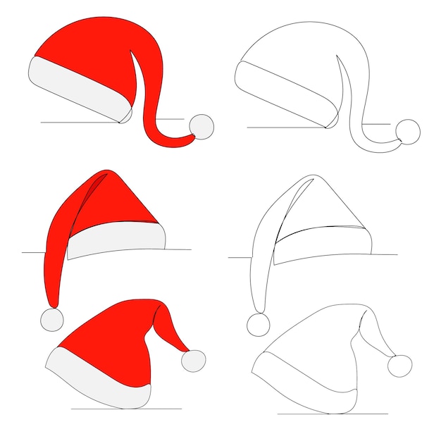 Set one line drawing of red santa hat