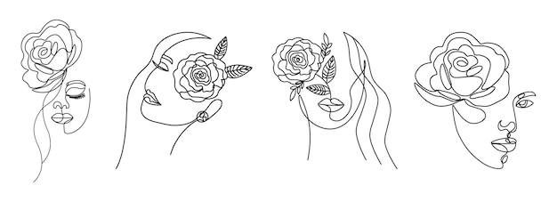 Set of one line female face with one line rose