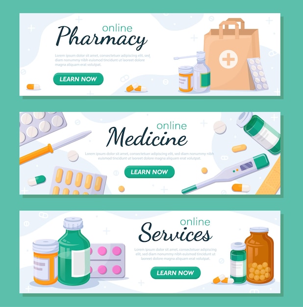 Premium Vector | Set of online pharmacy banners drugs syrups and pills ...