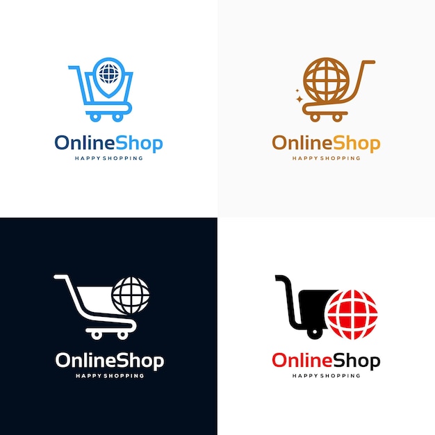 Insieme del concetto di design del logo del negozio online, vettore del modello di progettazione del logo del carrello della spesa