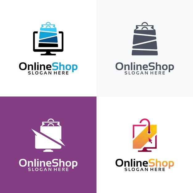 Set of Online Shop Logo designs Template, Computer and Shopping bag logo Vector illustration