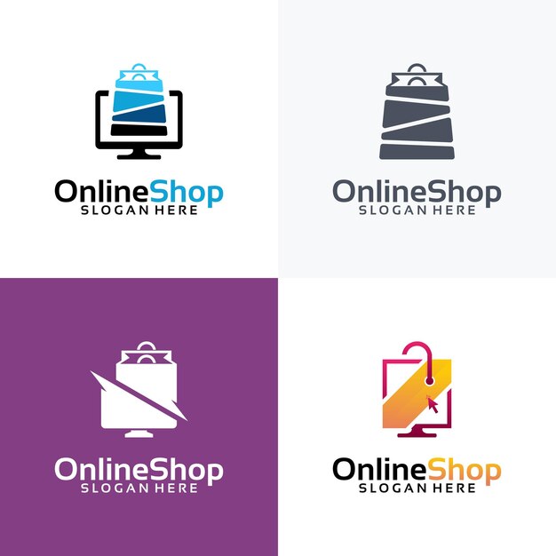 Set of online shop logo designs template, computer and shopping bag logo vector illustration