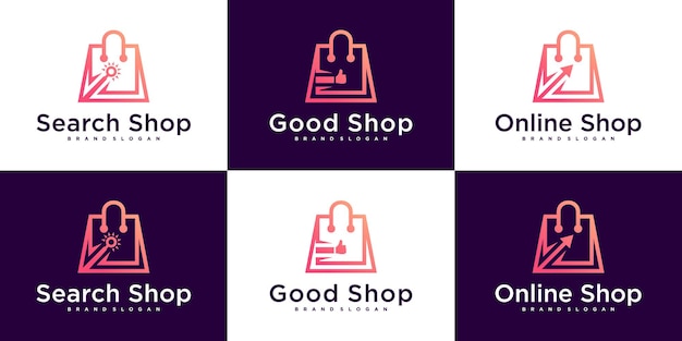 Set di collezione di design del logo per lo shopping online con uno stile artistico al tratto unico. vettore premium