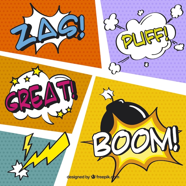 Vector set of onomatopoeias and comic vignettes