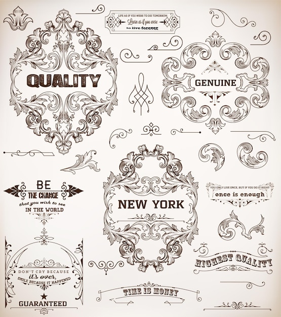 Vector set ontwerpelementen paginadecoratie en barokke frames