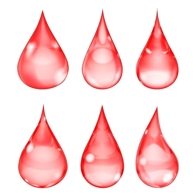 Set of opaque drops in red colors on white background