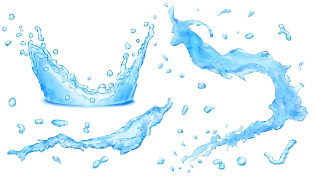 Набор непрозрачной воды брызгает каплями воды и короной от падения в воду светло-голубого цвета, выделенного на белом фоне