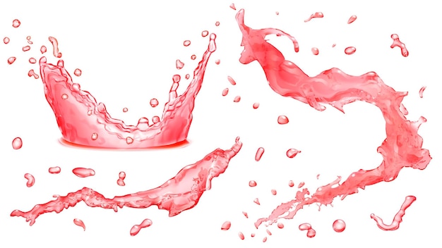 Set of opaque water splashes, water drops and crown from falling into the water in red colors, isolated on white background