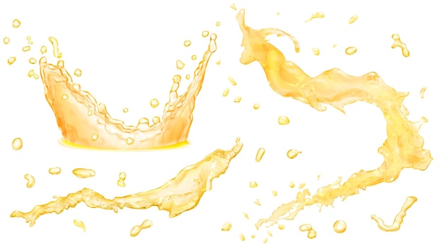 흰색 배경에 격리된 노란색으로 물에 떨어지는 불투명한 물 튀김, 물방울, 왕관 세트