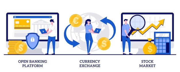 Vector set of open banking platform, currency exchange, stock market