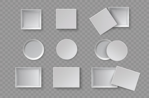 さまざまな角度で開いたボックスと閉じたボックスのセット 白い空白のパッケージ ギフト ボックス ベクトル