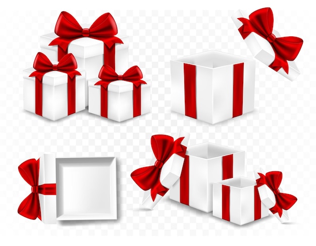관점에서 다른 각도에서 열린 선물과 닫힌 선물 세트. 투명한 배경에 빨간 활이 있는 흰색 판지 상자