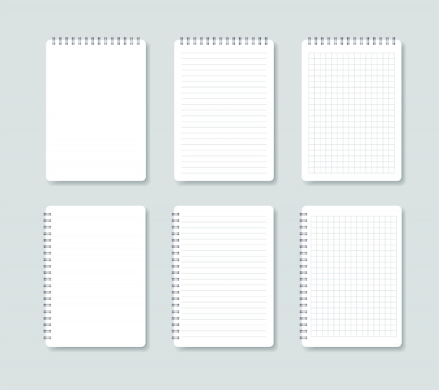 Vector set of open notepad. notebook sheets in a line and in a cage.