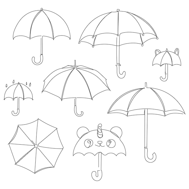 Vector set of open umbrella drawings line art vector illustration