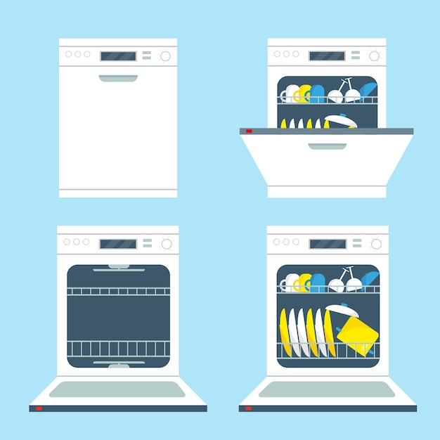 Vector set of opend and closed dishwasher machines. kitchen equipment icons   illustration.