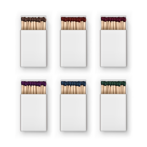 Vector set of opened blank boxes of colored brown red blue green purple matches top view  on white background