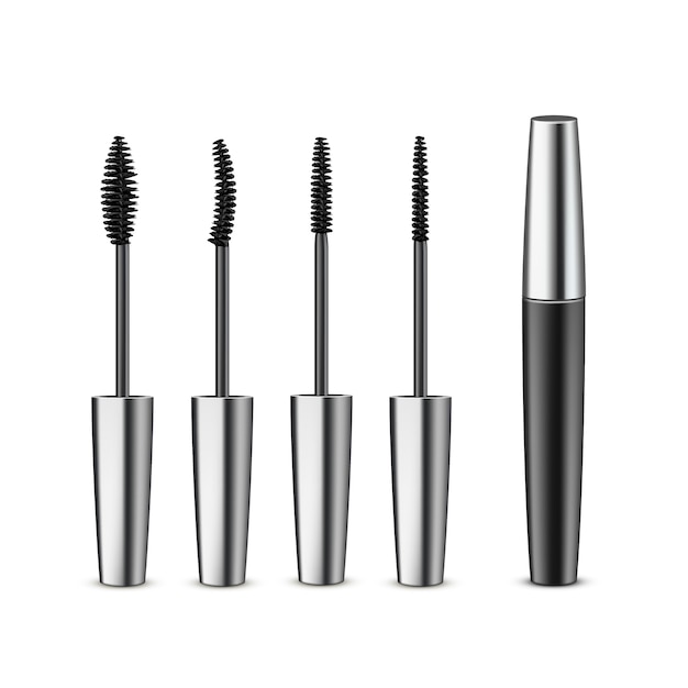 set of opened closed black realistic mascara in dark metallic shiny tube with different brushes isolated 