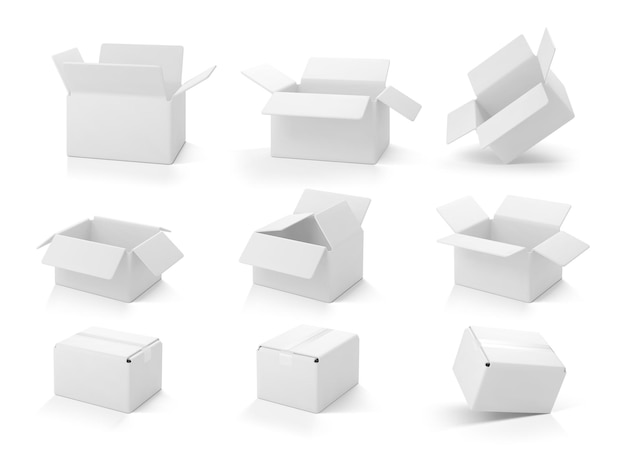 Set di scatole di cartone bianco aperte e chiuse illustrazione 3d vettoriale