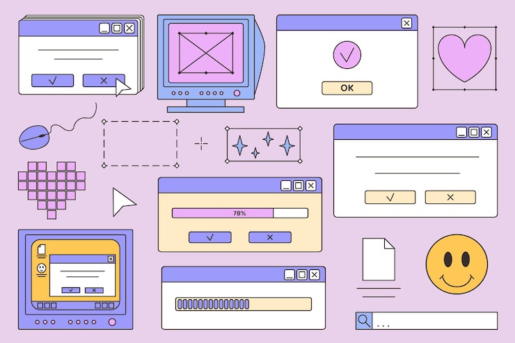 Vector set of operating system, old computer window, browser, dialog window, computer mouse, old computer