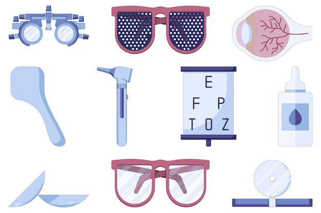 Вектор Установите очки офтальмологического оборудования и значки глазных капель в плоском стиле, изолированные на белом