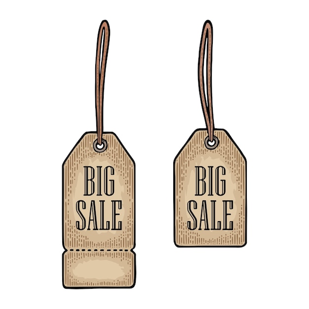 Vector set opknoping verkoop tag sticker of label letters tekst big sale vector kleur vintage gegraveerde afbeelding geïsoleerd op een witte achtergrond