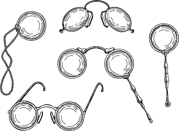 Vector set of optics pincenez lorgnette monocles vintage spectacles vintage glasses sign ink sketch set
