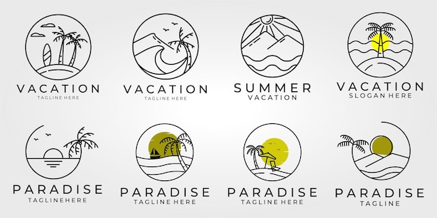 休暇のビーチのロゴ線画ベクトルイラストデザインを設定またはバンドル