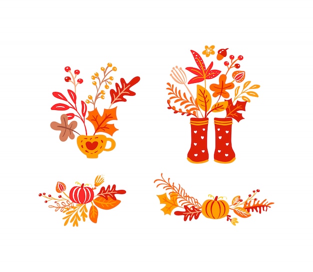 Vector set of orange autumn leaves bouquets with rubber boots