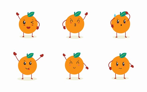 Vector set of orange character with different face expression healthy nutrition