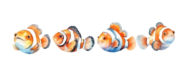 Set di acquerello pesce pagliaccio arancione isolato su sfondo bianco illustrazione vettoriale