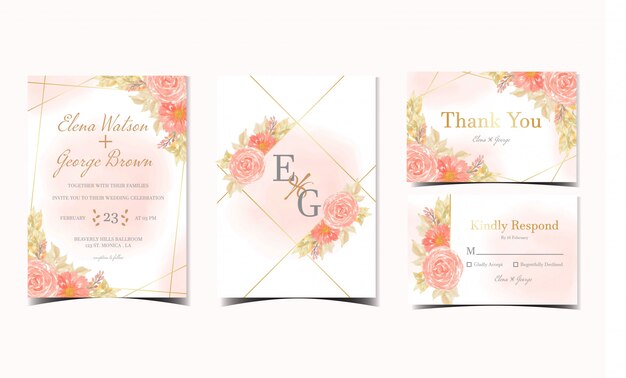 Set of orange floral wedding invitation collection with roses and daisy flowers