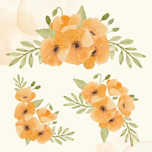 Set of orange flower bouquet in watercolor painting