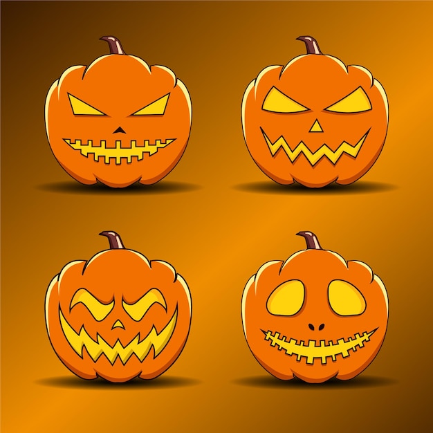 Set di zucca arancione di halloween con un sorriso spaventoso per l'illustrazione di vettore di halloween felice