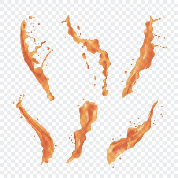Vector set orange liquid splashes realistic drops and splashes on transparent background fruits juice splashing