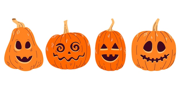 Impostare la zucca arancione con facce buffe per l'illustrazione vettoriale di halloween per le vacanze