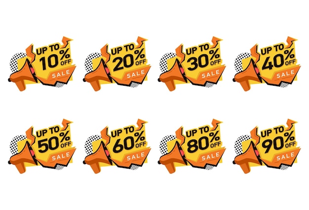 Set di banner di vendita arancione sconto percentuale vettore con megafono