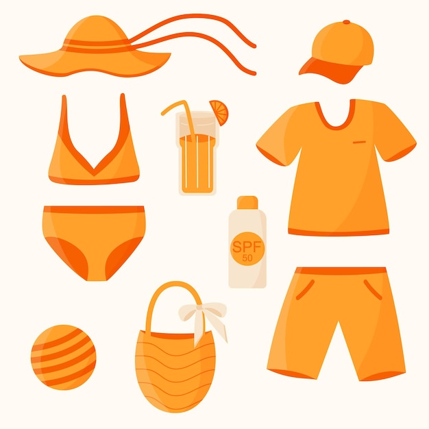 Set of orange summer things and things for the beach