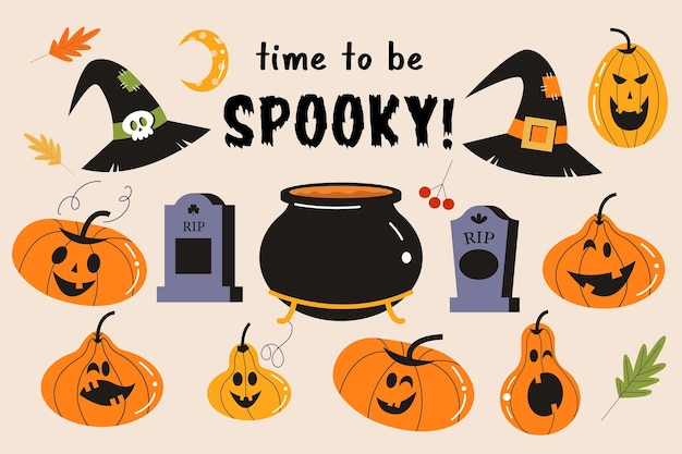 A set of orange and yellow scary and funny pumpkins tombstones and witch hats vector illustratio